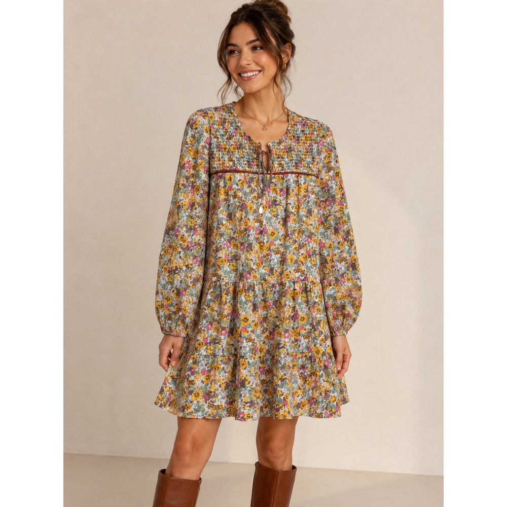 Goodnight Macaroon Mini Dress Women M Yellow Floral‎ Smocked Tiered Cottagecore